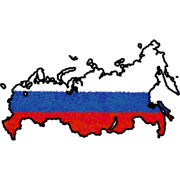 A land mass matching the shape of russia with a black outline and the interior matching the russian flag: 3 strips, white, blue, then read